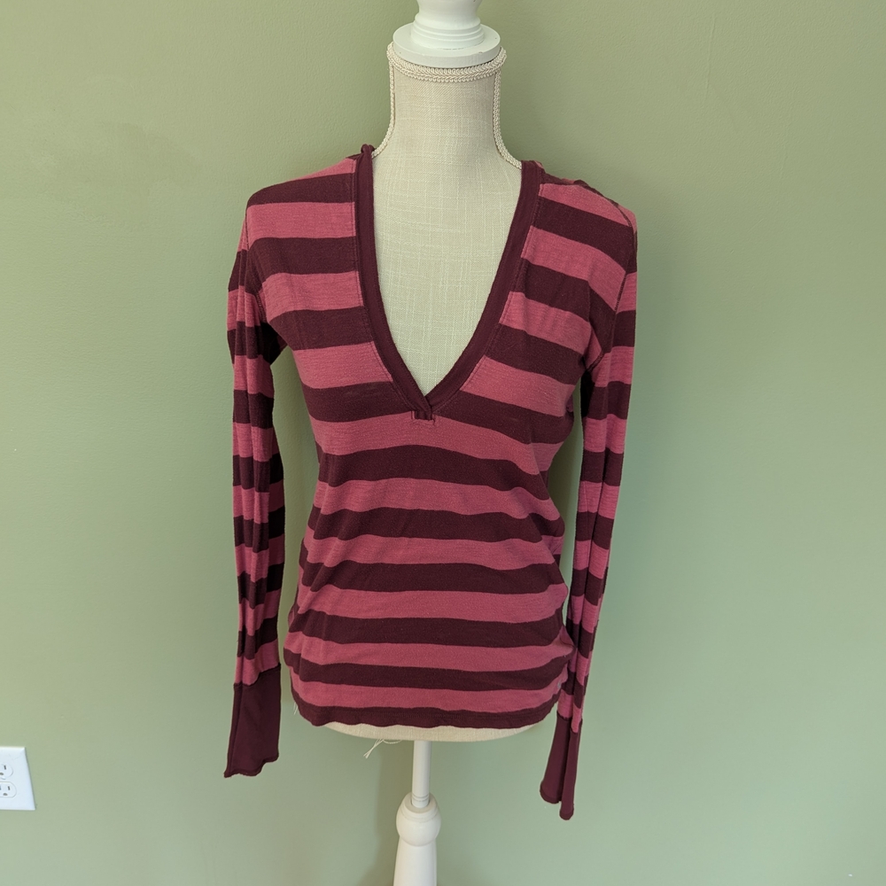 American Eagle Outfitters Burgundy and Pink Striped V-Neck Blouse
